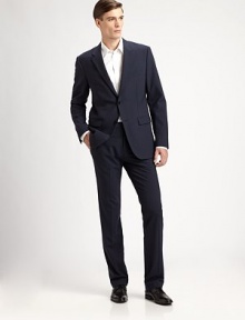 Superior wool with a timeless look and slim, contemporary fit. Side slash, back welt pockets Inseam, about 34½ 96% wool/4% Lycra Dry clean USA Superior wool with a timeless look and slim, contemporary fit. Side slash, back welt pockets Inseam, about 34½ 96% wool/4% Lycra Dry clean USA