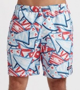 A bright, graphic option for the beach, board and beyond in quick-dry microfiber. Elastic waist Logo tab on left leg Side slash, back flap pockets Mesh lining Inseam, about 7 Polyester Machine wash Imported 