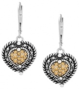 The look of love. Genevieve & Grace's heart-shaped leverback earrings are crafted from sterling silver with marcasite and round-cut champagne crystals (1 mm) providing a stylish touch. Approximate drop: 1-1/4 inches. Approximate width: 1/2 inch.
