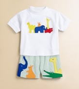 A colorful zoo animal appliqué lends this cozy knit a little wild and wooly touch.CrewneckShort sleevesPullover styleRibbed collar and armbandsCottonMachine washImported