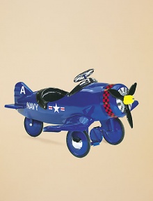 What little boy wouldn't love to play pilot in this vintage model painted brilliant blue with a checkered trim and bright yellow nose? All metal construction Padded seat Rubber-edged wheels Pedal operation 24H X 44W X 45D Imported Recommended for ages 3-5 What little boy wouldn't love to play pilot in this vintage model painted brilliant blue with a checkered trim and bright yellow nose? All metal construction Padded seat Rubber-edged wheels Pedal operation 24H X 44W X 45D Imported Recommended for ages 3-5