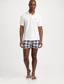 A summer classic in classic plaid pattern, shaped in quick-drying nylon for an easy fit.Drawstring tie waistBack patch pocketInseam, about 3NylonMachine washImported A summer classic in classic plaid pattern, shaped in quick-drying nylon for an easy fit.Drawstring tie waistBack patch pocketInseam, about 3NylonMachine washImported