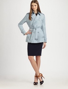 A refined take on the classic trench, rendered in luxurious silk faille.Point collar with hook-and-eye closuresEpaulettesButton-down gunflapDouble breasted button frontSelf beltBelted button cuffsSide slash pocketsBack rainflapAbout 25½ from shoulder to hemSilkDry cleanMade in USA of imported fabricModel shown is 5'10 (177) wearing US size 4. A refined take on the classic trench, rendered in luxurious silk faille.Point collar with hook-and-eye closuresEpaulettesButton-down gunflapDouble breasted button frontSelf beltBelted button cuffsSide slash pocketsBack rainflapAbout 25½ from shoulder to hemSilkDry cleanMade in USA of imported fabricModel shown is 5'10 (177) wearing US size 4.