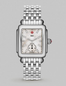 A timeless style with mother of pearl dial and diamond hour markers.Swiss quartz movement Water resistant to 5 ATM Smooth bezel Square stainless steel case, 30mm, (1.18) Mother of pearl dial Second sub-dial Diamond hour markers, 0.08 tcw Stainless steel link bracelet Imported 