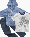 He'll be ready to head out on the highway in this tee shirt, hoodie and jeans set from Nannette.
