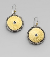 From the Shield Collection. A sleek design with 24k gold and a center spinel set in dark and white sterling silver. Dark and white sterling silver24k goldBlack spinelLength, about ¾Hook backImported 