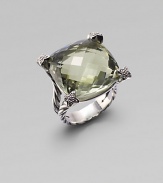 From the Cushion on Point Collection. A split cable band of sterling silver holds a faceted cushion of soft green prasiolite, with shimmering pavé diamonds at the corners. Prasiolite Diamonds, 0.12 tcw Sterling silver About ¾ square Made in USA