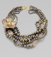 From the Grey Gardens Collection. A statement piece with pretty feminine details throughout in hand-crafted lucite, Swarovski crystals and rose quartz. Pearlized shell beadsSwarovski crystalsGoldtoneRose quartzGlass stonesHand-crafted luciteLength, about 1818k gold hook clasp closureMade in USA