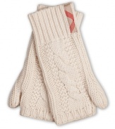 Cozy cable knit wrist warmers with thumb and peekaboo finger opening.