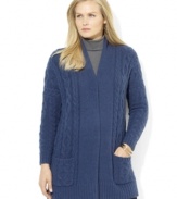 Rendered in a cozy lambswool blend, Lauren Ralph Lauren's chic open-front plus size cardigan is knit in a classic cable stitch.