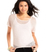 Wake-up your day look with understated glimmer in this sheer, short sleeve sweater dusted in tonal sequins! From Fresh Brewed.