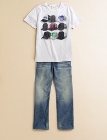 Casual medium-wash cotton denim in five-pocket style with front and back distress detail.Front button closure Zip fly Cotton Machine wash Imported Casual medium-wash cotton denim in five-pocket style with front and back distress detail.Front button closure Zip fly Cotton Machine wash Imported