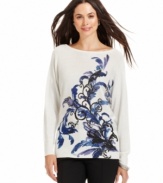 Alfani's petite graphic sweater features a scrolling print and metallic-flecked knit for a bit of sparkle.