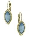 Capture the latest trend of antique-themed jewelry. 2028's vintage-inspired design features marquise-cut blue navette stones set in bright brass tone mixed metal. Approximate drop: 3/4 inch.