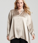 Flowing silk charmeuse softly caresses the relaxed silhouette of this Eileen Fisher boxy shirt, designed for everyday ease and comfort.