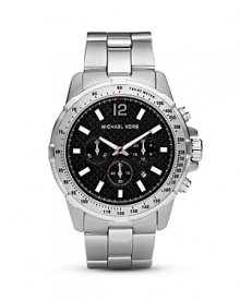 A bold black chronograph dial gets striking contrast from a stainless steel case and bracelet. By MICHAEL Michale Kors.