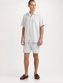 Relax and lounge-around in this remarkably comfortable two-piece short set, in easy-fitting, lightweight cotton. Machine wash. Imported.SHIRTSpread collarButtonfrontChest patch pocketSHORTSAdjustable two-button waistButton flyNo pocketsInseam, about 3½ Relax and lounge-around in this remarkably comfortable two-piece short set, in easy-fitting, lightweight cotton. Machine wash. Imported.SHIRTSpread collarButtonfrontChest patch pocketSHORTSAdjustable two-button waistButton flyNo pocketsInseam, about 3½