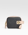 Colorblock Saffiano leather with vintage button detail.Zip-around closure Two inside open pockets Leather lining 6¾W X 5¾H X 3D Made in Italy