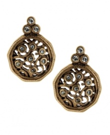 What's T Tahari's take on traditional stud earrings? An intricate scroll design embellished by subtle yet sparkling crystals. Crafted in antique gold tone mixed metal. Approximate diameter: 1-1/2 inches. What's T Tahari's take on traditional stud earrings? An intricate scroll design embellished by subtle yet sparkling crystals. Crafted in antique gold tone mixed metal. Approximate diameter: 1-1/2 inches.
