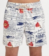 EXCLUSIVELY AT SAKS. A retro look inspired by the St. Tropez region where the label found its name, finished with a signature newspaper print and quick-dry convenience. Drawstring waist Side slash, back button pockets Inseam, about 5 Mesh lining Polyamide Hand wash Imported 