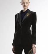 Luxurious plush velvet, tailored in a classic blazer silhouette.Notched satin lapelsHorn button closuresBreast welt pocketDetachable butterfly broochFlap pockets98% cotton/2% elastaneDry cleanMade in ItalyModel shown is 5'11 (180cm) wearing US size 4. 