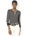 Lauren Ralph Lauren's petite classic striped crewneck Henley is accented by unexpected elements of chambray at the placket and a charming patch pocket.