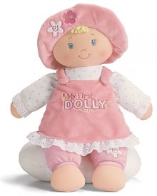 Gund My First Dolly plush doll. A squeezably soft plush dolly that's wearing a cute jumper and matching hat. Embroidered with My First Dolly on front. Pillow not included. Gund My First Dolly plush doll. A squeezably soft plush dolly that's wearing a cute jumper and matching hat. Embroidered with My First Dolly on front. Pillow not included.