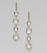 From the Modern Rock Candy Collection. A long, linear design with 4 clear quartz stones set in 18k gold.Quartz 18k gold Length, about 2¼ Ear wire Imported