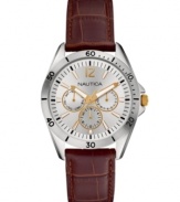 Flashes of golden tones update this brown leather watch from Nautica.
