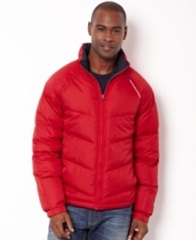 Stay warm in this trendy bold puffer jacket by Nautica. Stay warm in this trendy bold puffer jacket by Nautica.