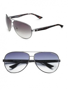 Sleek, always cool aviators, designed with lightweight metal frames and plastic temples, complete with coveted logo detail. Available in ruthenium/Havana frames with brown gradient lenses or ruthenium/black frames with grey shade lenses. Logo temple detail 100% UV protective Imported Sleek, always cool aviators, designed with lightweight metal frames and plastic temples, complete with coveted logo detail. Available in ruthenium/Havana frames with brown gradient lenses or ruthenium/black frames with grey shade lenses. Logo temple detail 100% UV protective Imported