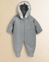 This modern virgin wool design is sure to keep your little snow bunny extra cozy from head to toe. Check lined hood Long sleeves Zip front Dry clean Imported 