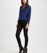 Multiple hues are better than one when a classic style is brightened with a contrast tab collar and placket.Button front Patch chest pockets Pleats at center back Button cuffs About 28, shoulder to hem Silk Dry clean Imported