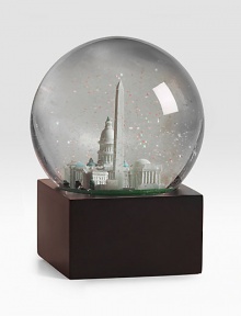 EXCLUSIVELY OURS. The Washington, D. C. musical water globe features city scenes and landmarks, including: White House, Capitol, Jefferson Memorial Lincoln Memorial, Washington Monument, limousines Plays Battle Hymn Of The Republic Glass dome and resin figures 6 high Imported