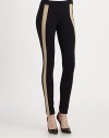 Keep it comfy in these urban-cool leggings with contrasting leather trim and an elastic waistband. Elastic waistbandMedium rise, about 8Inseam, about 30Body: 86% nylon/14% spandexTrim: LeatherDry clean with leather specialistMade in USA of imported fabricModel shown is 5'10 (177cm) wearing US size Small.