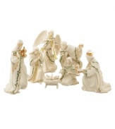 Beautifully rendered with exquisite attention to detail, this miniature nativity depicts the Christmas story in artistic splendor. Featuring pure porcelain embellished with ivy accents.