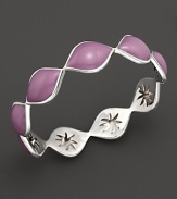 Bright purple enamel drops over a carved sterling silver bangle By Elizabeth Showers.