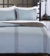 The rich look of Grecian-inspired embroidery lines the Chelsea quilt with detailed precision. A coordinating sky blue ground creates a serene effect in sumptuous linear quilting.