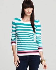 This Lily Pulitzer cotton sweater exudes a just-off-the-yacht look with it's chic shrunken silhouette and cheerful nautical striping.