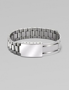 This bold bracelet borrows the style of a man's flexible watchband, cleverly creating a flexible link design, without the watch, of course.Silvertone Diameter, about 2½ Width, about 1 Foldover deployant clasp Made in Italy This bold bracelet borrows the style of a man's flexible watchband, cleverly creating a flexible link design, without the watch, of course.Silvertone Diameter, about 2½ Width, about 1 Foldover deployant clasp Made in Italy