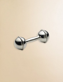 Classic bar bell rattle is designed in super-shiny sterling silver that's guaranteed to intrigue little ones! 1.61 oz 4 long Made in SpainFOR PERSONALIZATIONSelect a quantity, then scroll down and click on PERSONALIZE & ADD TO BAG to choose and preview your monogramming options. Please allow 2 weeks for delivery. Classic bar bell rattle is designed in super-shiny sterling silver that's guaranteed to intrigue little ones! 1.61 oz 4 long Made in SpainFOR PERSONALIZATIONSelect a quantity, then scroll down and click on PERSONALIZE & ADD TO BAG to choose and preview your monogramming options. Please allow 2 weeks for delivery.