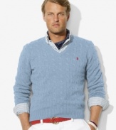 Cable-knit in luxurious tussah silk yarns for lightweight warmth, a classic-fitting V-neck sweater makes the perfect preppy layering piece.