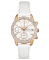 A call to elegance: Swarovski crystal accents, warm rose-gold and rich white leather create a gorgeous watch from Seiko.