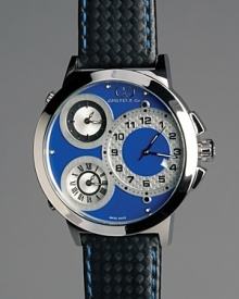 With a sophisticated blue and polished stainless steel dial, featuring three time zones and a date display, this watch keeps you cool--and in the know. With a sophisticated blue and polished stainless steel dial, featuring three time zones and a date display, this watch keeps you cool--and in the know.