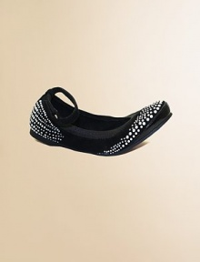 Classic ballet shoes given urban edge with studs and rhinestones.Ankle strap with grip-tape closeElasticized grosgrain ribbon collarMatte studs, rhinestonesFaux suede upperSoft microfiber liningPadded insoleRubber soleImportedAdditional InformationKid's Shoe Size Guide (European Equivalent) Classic ballet shoes given urban edge with studs and rhinestones.Ankle strap with grip-tape closeElasticized grosgrain ribbon collarMatte studs, rhinestonesFaux suede upperSoft microfiber liningPadded insoleRubber soleImportedAdditional InformationKid's Shoe Size Guide (European Equivalent)