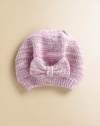 Marled wool-blend yarn knit into a shapely beret, topped with a sweet bow for feminine charm. Smooth knit with ribbed edging40% wool/28% rayon/15% nylon/10% cashmere/7% angoraHand washImported