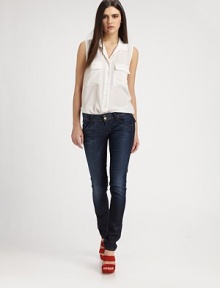 Ultra-stretchy and soft, these faded denim skinnies hug your curves like second skin.THE FITRise, about 7Inseam, about 32THE DETAILSZip flyFive-pocket styleSignature stitch back flap pockets97% cotton/3% LycraMachine washMade in USA of imported fabricModel shown is 5'9 (175cm) wearing US size 4. Ultra-stretchy and soft, these faded denim skinnies hug your curves like second skin.THE FITRise, about 7Inseam, about 32THE DETAILSZip flyFive-pocket styleSignature stitch back flap pockets97% cotton/3% LycraMachine washMade in USA of imported fabricModel shown is 5'9 (175cm) wearing US size 4.