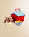 Baby's best friend might be My Little Puppy playset. The soft-sided red doghouse is sized just-right for baby with an easy-to-hold checkered handle. The doghouse comes with 3 soft play pieces: a brown puppy that rattles, a blue bowl that crinkles and a bone-shaped biscuit.6H X 7W X 5DRecommended for ages 0 and upPolyesterMachine washImported