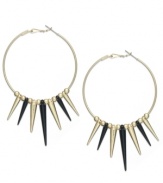 Get right to the point with this pair of hoop earrings from Bar III. Crafted from gold-tone mixed metal, the earrings feature black and gold-tone spikes to have you looking quite sharp. Approximate drop: 3 inches. Approximate diameter: 2 inches.