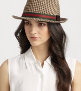 A signature green-red-green web trim with leather accents on a houndstooth style. Wool/acrylic/polyester/leatherBrim, about 1.75Dry cleanMade in Italy